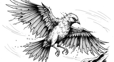 Artistic Black and White Bird Sketch Capturing Flight and Freedom Theme
