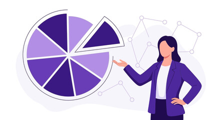 Businesswoman presenting a pie chart, analysis, and data visualization illustration