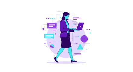 Businesswoman working on laptop walking while surrounded by information graphics