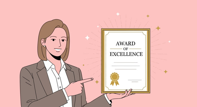 Businesswoman presenting an award of excellence certificate for achievement and success