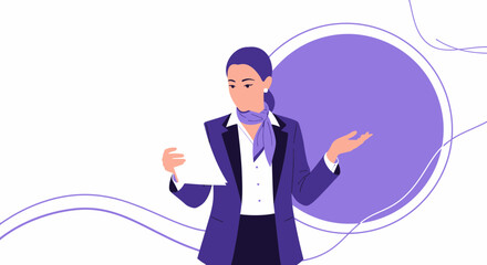 Businesswoman Presenting Visuals With Gestures and Reports Against Abstract Background