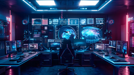 futuristic creative workspace with holographic screens, neon lights, ergonomic furniture, cyberpunk yet clean style, cinematic 16:9