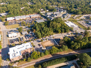 Fototapeta premium Afternoon Drone Images of Wake Forest North Carolina, Including Downtown, The Seminary, and the Historic District