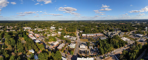 Sunny Panoramic Aerial Drone Image of Downtown Wake Forest North Carolina and Surrounding Areas: Travel, Tourism, Landscape