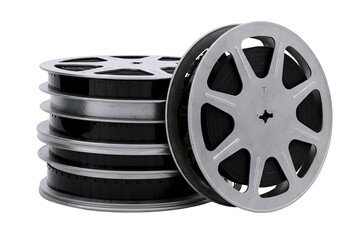Obraz premium Stack of vintage film reels and a single film reel isolated on transparent background