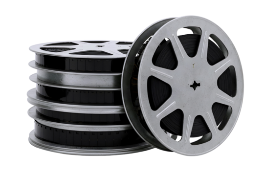 Stack of vintage film reels and a single film reel isolated on transparent background