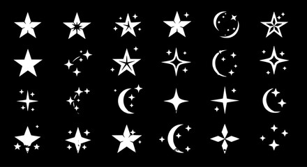 Celestial Set: Collection of White Stars and Crescent Moons on Black Background
