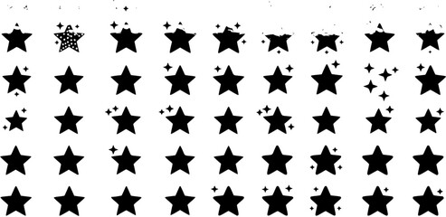 Seamless black stars pattern with sparkles on white background. Hand-drawn doodle style, textured surface, including a unique polka-dot star. Ideal for festive and modern designs.