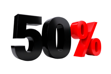 Bold black and red 50 percent symbol isolated on transparent background