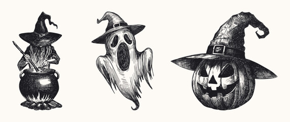 halloween illustration set isolated with witch stirring bubbling cauldron floating ghost jack-o'-lantern carved pumpkin hand drawn sketch line art detailed vector greeting card design element