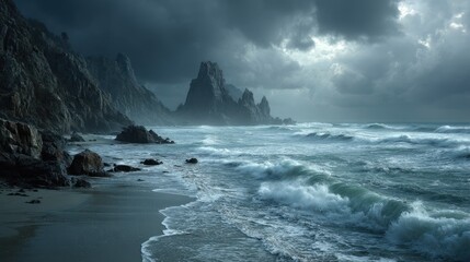Dramatic Coastal Landscape with Stormy Sea and Majestic Cliffs in a Greyish Mood