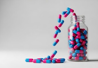 Pink and blue capsules spill out of a clear glass bottle onto a white surface