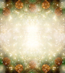 Christmas frame background with decorative branch and cones for tree decoraton. New Year winter holidays fantasy concept with decor and copy space, snowy festive card with empty place for text.