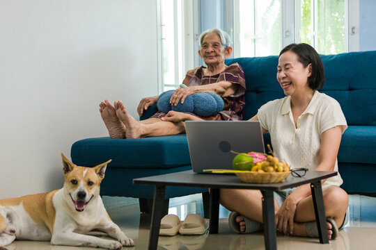 Woman works and watches TV with mother and dog at home