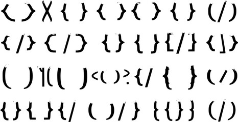 Distressed grunge style set of programming brackets and code symbols like braces, parentheses, angle brackets, and slashes for web development and abstract design.