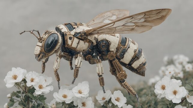 A Futuristic Robotic Bee with Wings Hovering Over White Flowers Close Up View