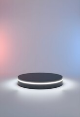 Minimalist 3D render of a futuristic circular podium with a glowing light ring for product display.