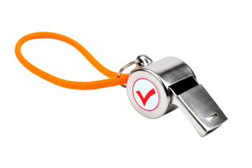 Silver metal sports whistle with orange lanyard isolated on transparent background
