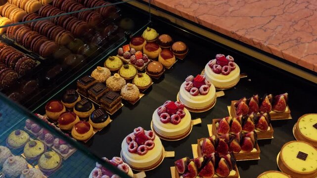 Beautifully Artfully Decorated Pastries and Exquisite Desserts Placed in a Display Case for Everyone to Enjoy