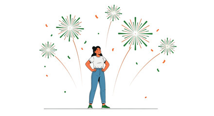 Celebrating Success: Woman Watching Fireworks Show With Festive And Joyful Vibe