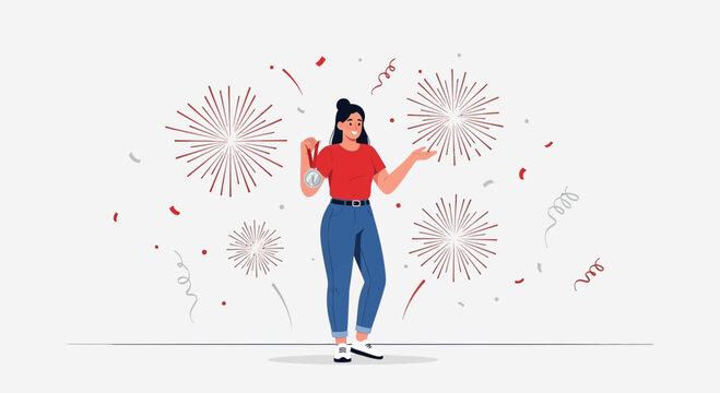 Celebrating Success: Woman Joyfully Holds Medal Amidst Festive Fireworks Display