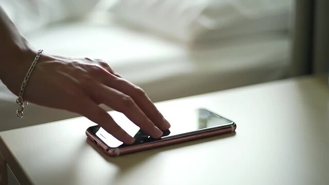 Close-up of a female hand with a stylish bracelet tapping and interacting with a rose gold smartphone screen Modern personal technology in a cozy bedroom settin