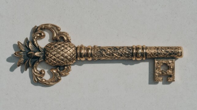 Close-up of an ornate antique golden key on a plain background