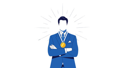 Celebration Of Achievement, Successful Businessman With A Medal, Winner Or Champion Illustrated