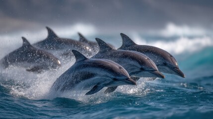Fototapeta premium A pod of dolphins leaping out of the water in the ocean together