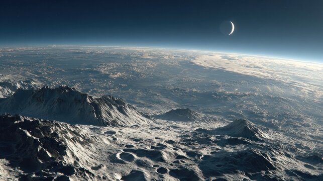 Stunning aerial view of a mountainous alien landscape with a crescent moon in space