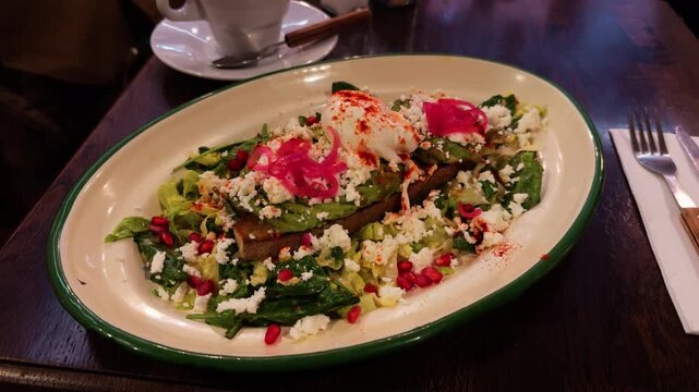 An Exquisitely Colorful Salad Plate Featuring Poached Eggs Alongside Fresh Ingredients and Delicious Tasty Additions