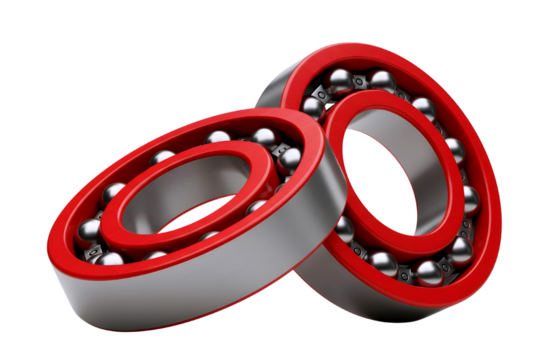 Two red and silver ball bearings with visible internal components isolated on transparent background