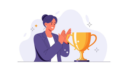 Celebrating Success: A Professional Woman Applauding Her Victory Over a Golden Trophy