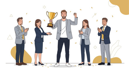 Obraz premium Celebrating Success: A Team Honors A Leader's Achievement With The Golden Trophy