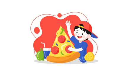 Naklejka premium Cheerful Child Celebrating Pizza, Embracing Its Delicious Slice With Enthusiasm