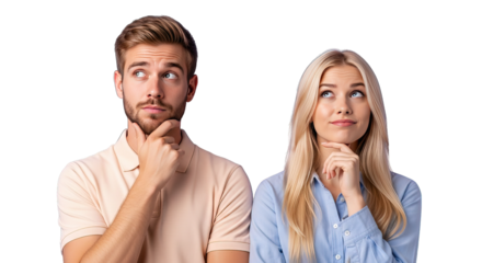 Man and woman thinking with hands on chin isolated on transparent background