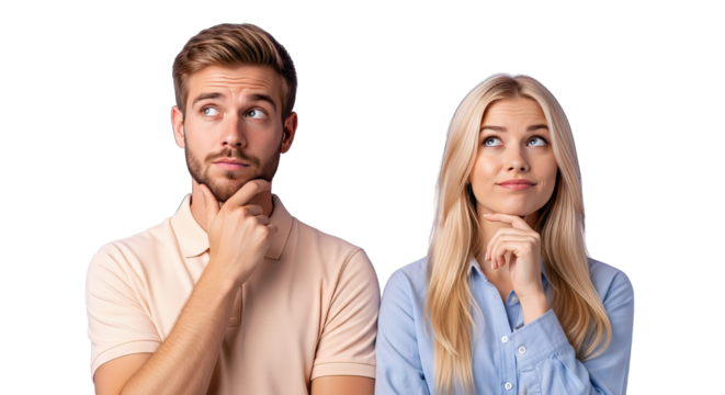 Man and woman thinking with hands on chin isolated on transparent background - Powered by Adobe