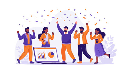 Fototapeta premium Celebratory Team: Success Illustration Featuring People and Data Display on Laptop Screens