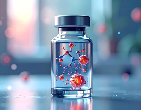 A stylized, 3D rendering of a vaccine vial with a molecular structure inside