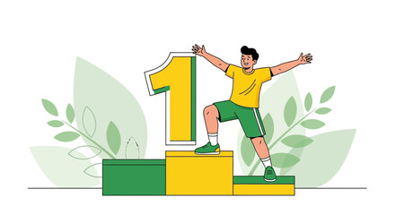 Champion Celebrates Victory on Podium, Achieving Success With Greenery Background Illustration