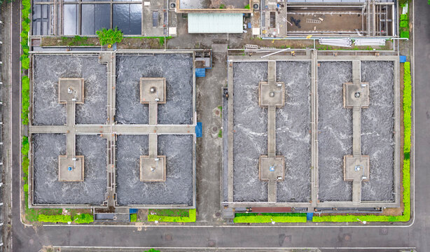 Aerial View of Wastewater Treatment Plant with Tanks