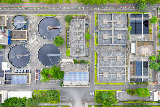 Aerial View of Modern Wastewater Treatment Facility Plant