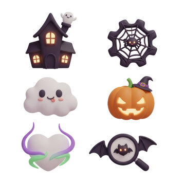 Cute Halloween Icons with Ghost, Haunted House, Pumpkin and Spoo
