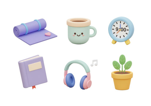 Morning Routine Icons with Coffee Cup, Yoga Mat, Headphones and