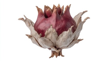 Close-up studio shot of a red flower with dried petals isolated on white