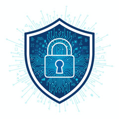 Modern Network Security Flat vector art with bold lines. Digital lock & shield filled with vibrant network patterns. Perfect for business cybersecurity.
