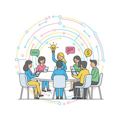 Modern Teamwork Concept Professional flat design of a diverse business group collaborating. Bold lines, abstract network background. Perfect for scalable projects.