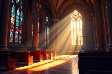 Sunlit Stained Glass Chapel Dust Motes Dance in Serene Sanctuary of Peace and Contemplation.  Architectural Detail Inspires Awe.