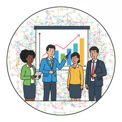 Multicultural Teamwork Vector Scalable graphic for diversity and inclusion concept. Modern, bold line flat design of a business team giving a corporate presentation.