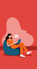 Woman using laptop on bean bag Remote work online communication cozy home office lifestyle